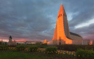 Hallgrímskirkja Church glows in the afternoon sunnlight, Reykjavik, Iceland.