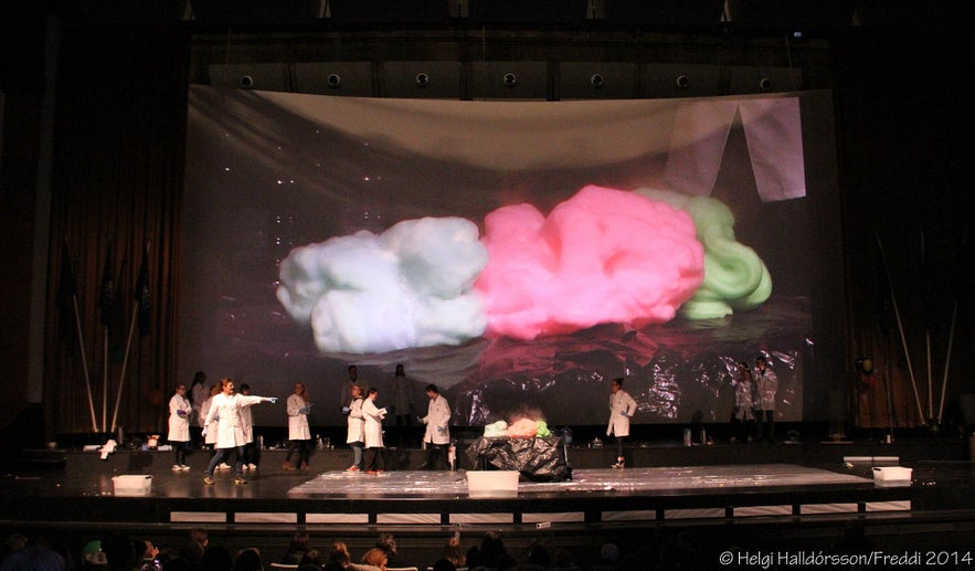 A performance of a play called The Blast at the National Theater of Iceland.