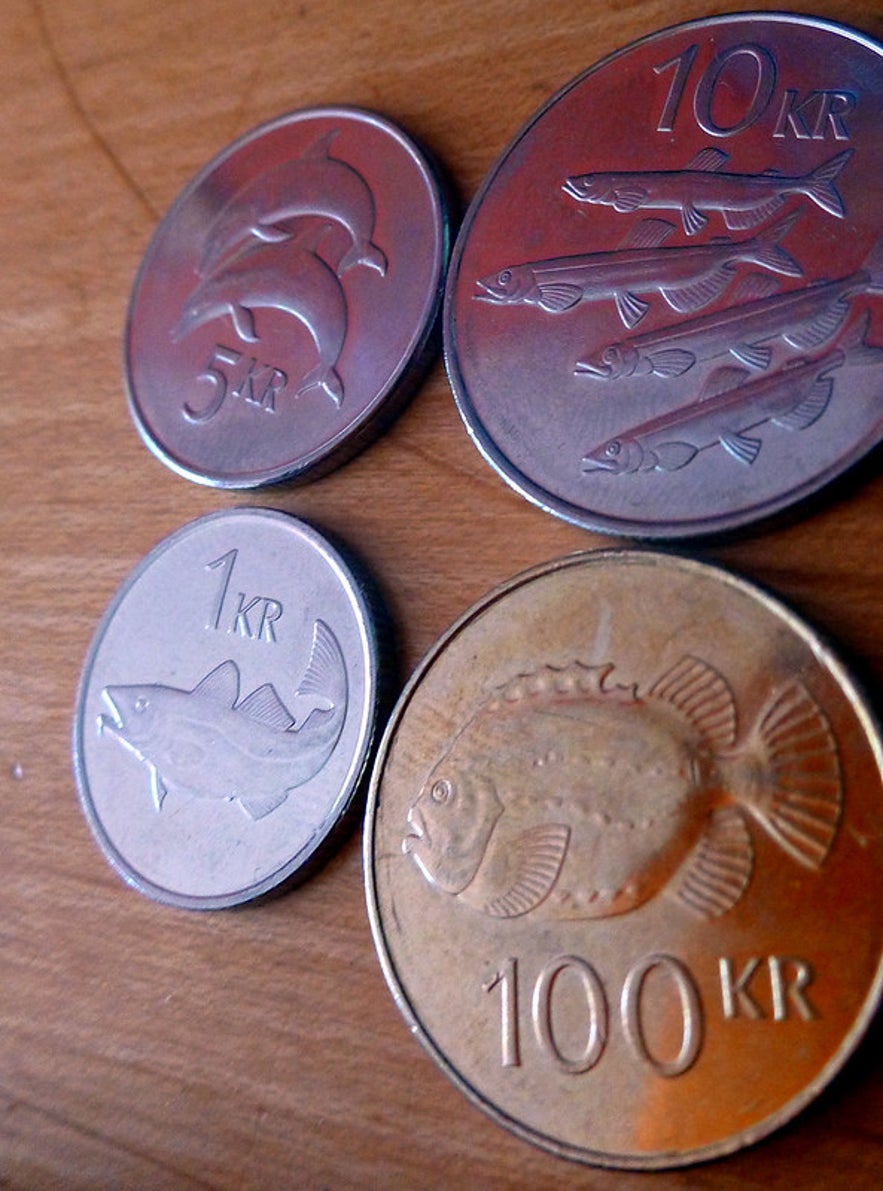 Icelandic krona coins in various denominations.