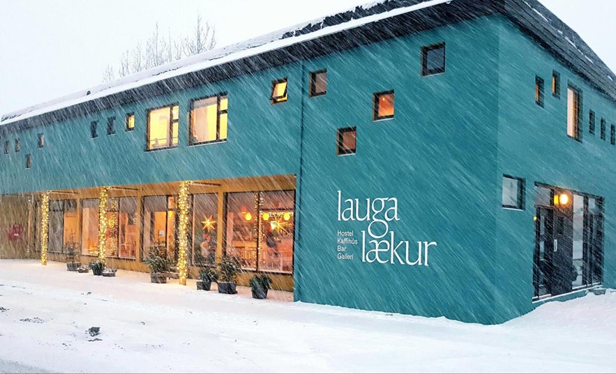 Facade of Lauker Hostel during winter in Reykjavik, Iceland.