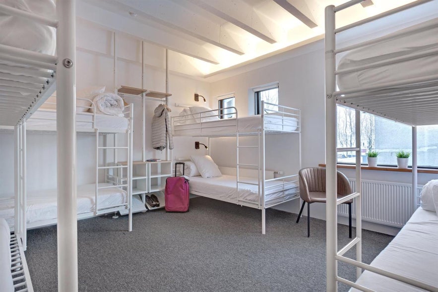 Inside one of the dorm rooms of Laukur Hostel in Reykjavik, Iceland.