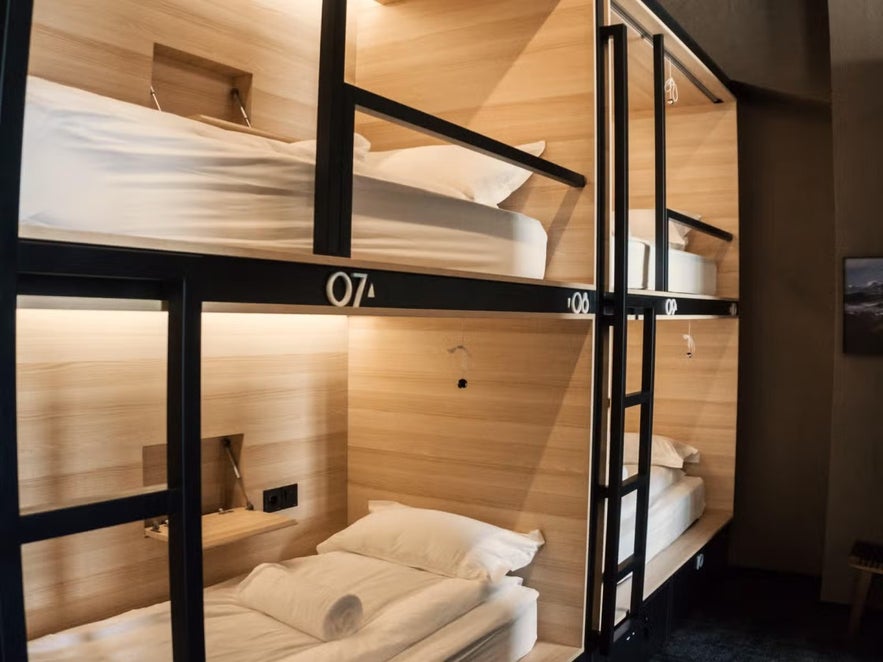 Inside one of the dorm rooms of Nordic Hostel in Reykjavik, Icelad.