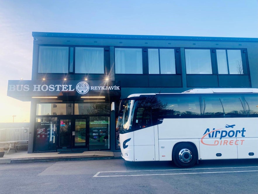 Entrance of Bus Hostel Reykjavik in Iceland.