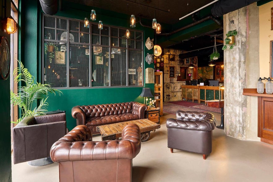 Lounge area of Kex Hostel Reykjavik in Iceland.