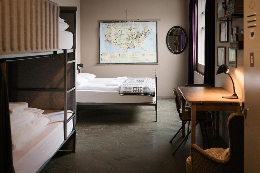 Inside one of the dorm rooms of Kex Hostel Reykjavik in Iceland.