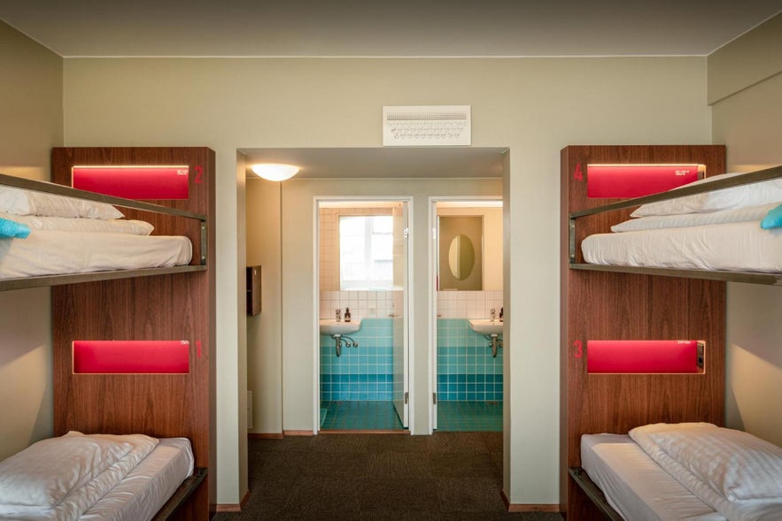 Inside one of the dorm rooms of Reykjavik Loft HI Eco Hostel in Iceland.