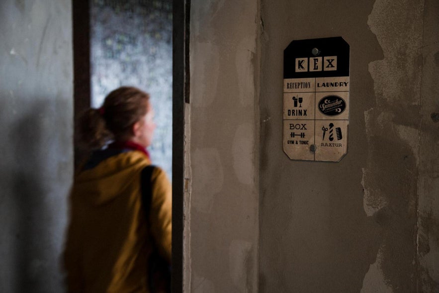 Services signage at Kex Hostel Reykjavik in Iceland.