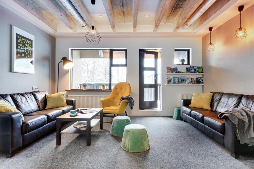 Lounge area of Lauker Hostel in Reykjavik, Iceland.