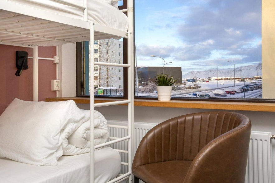 Window view at one of the dorm rooms of Lauker Hostel in Reykjavik, Iceland.