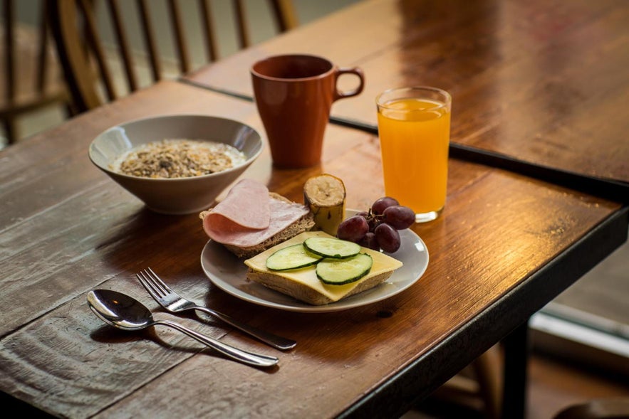Brunch plates at Akureyri Backpackers in Iceland.