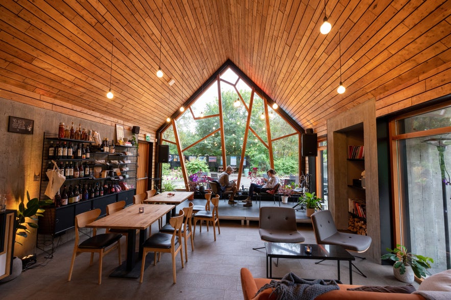 Interior of Lyst restaurant in Akureyri, Iceland, a popular brunch spot with modern Nordic design.