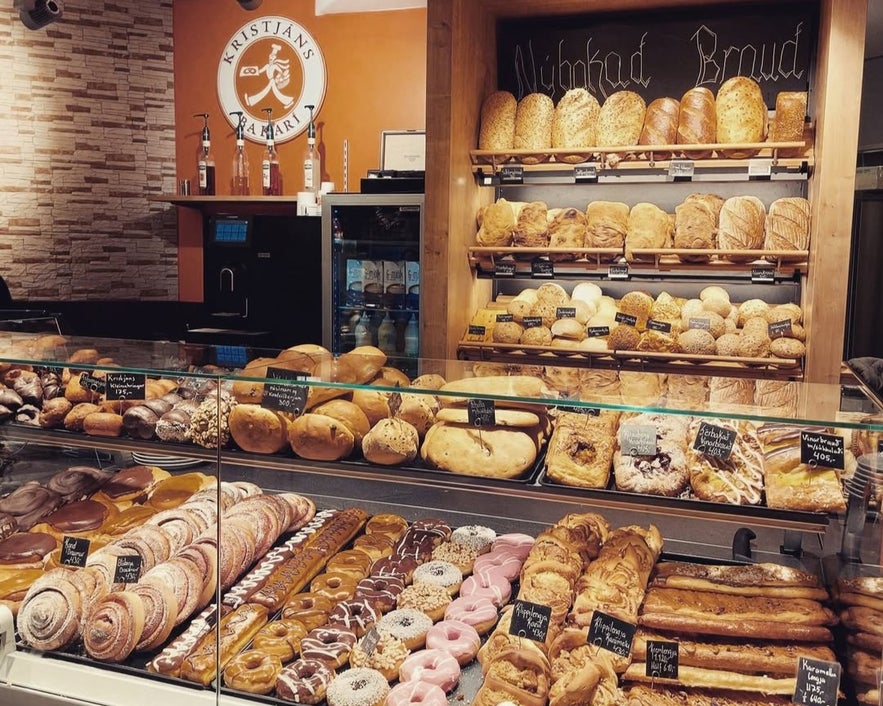 Various pastries displayed at Kristjan's Bakery in Akureyri, Iceland.