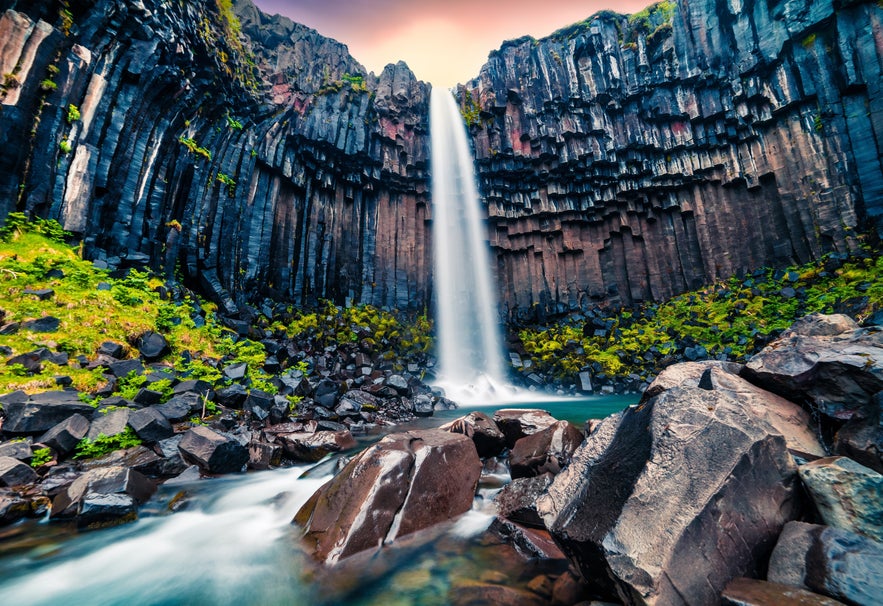 Svartifoss Waterfall plunging over black basalt columns into a rocky pool in Skaftafell, Iceland.