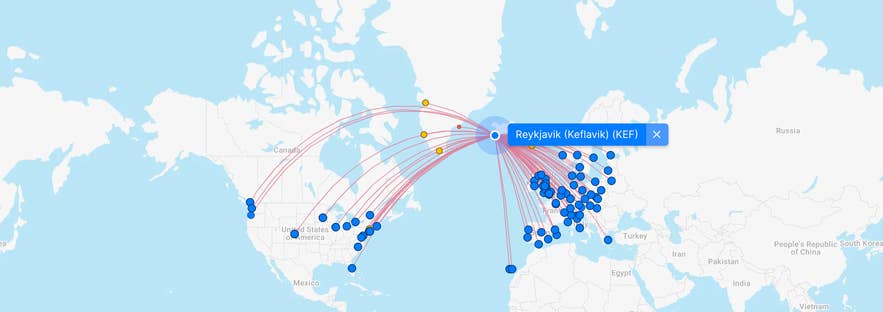 Vols directs vers Reykjavik, en Islande, atterrissant à l’aéroport de Keflavik.
