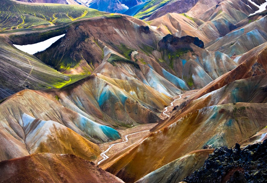 Colorful rhyolite mountains and hiking trail in Landmannalaugar, Iceland Highlands.