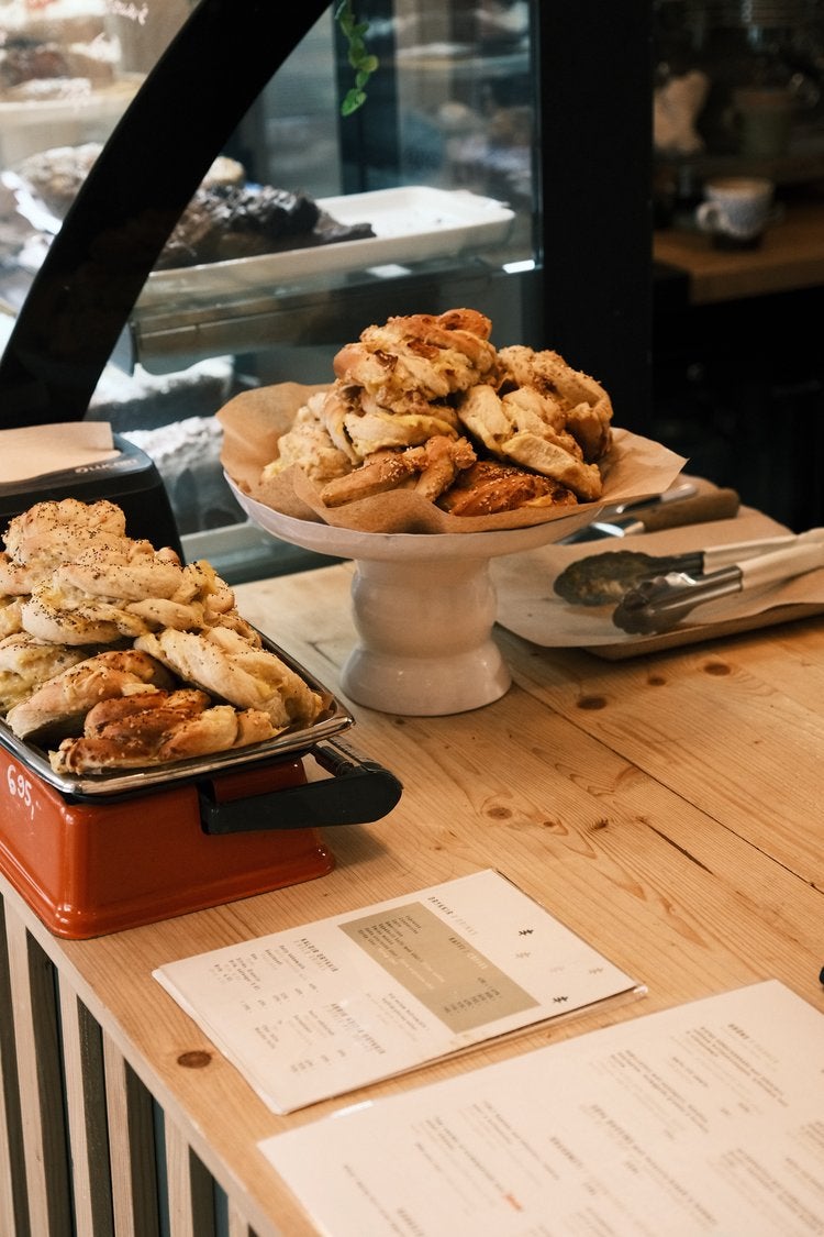 Freshly baked pastries on display at Plantan Kaffihús in Reykjavik, Iceland.