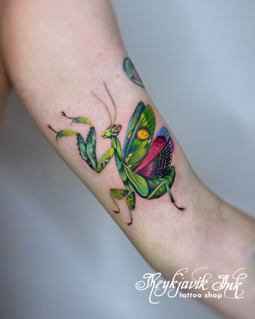 A colorful tattoo depicting a praying mantis adorned with striking wings.