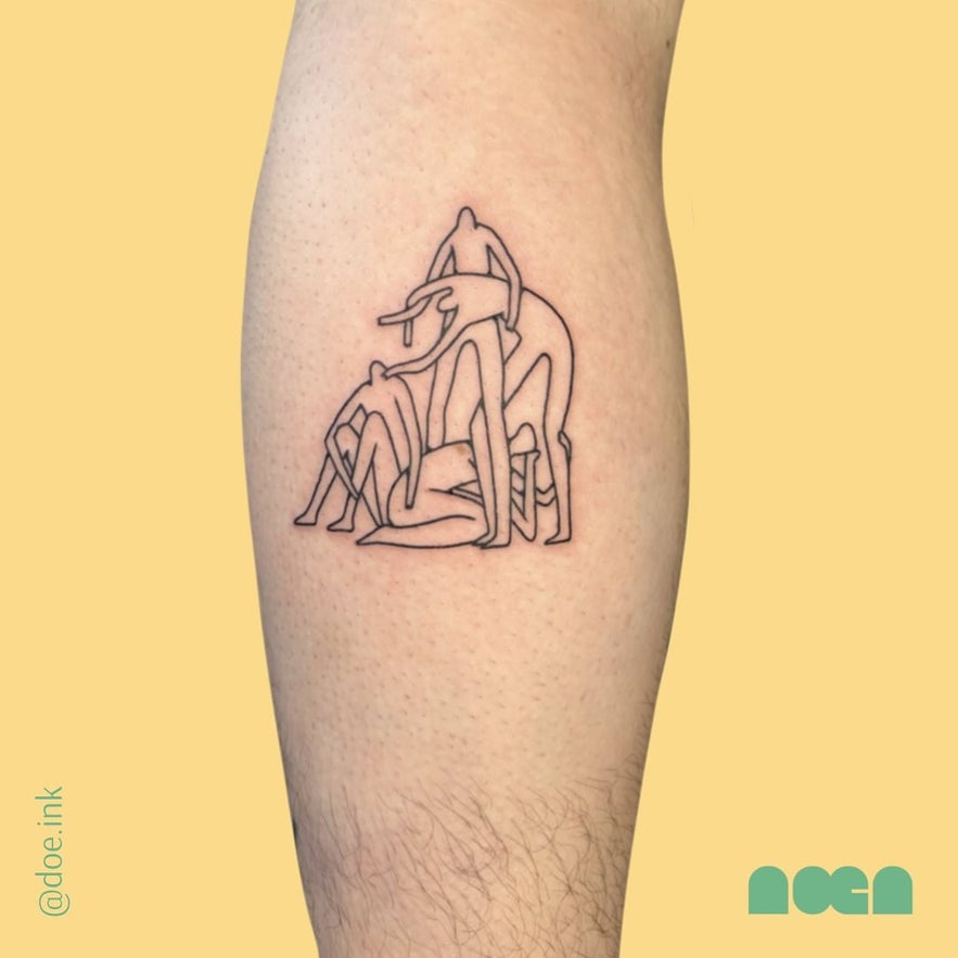 Abstract line tattoo of four human figures, inked in minimalist style.