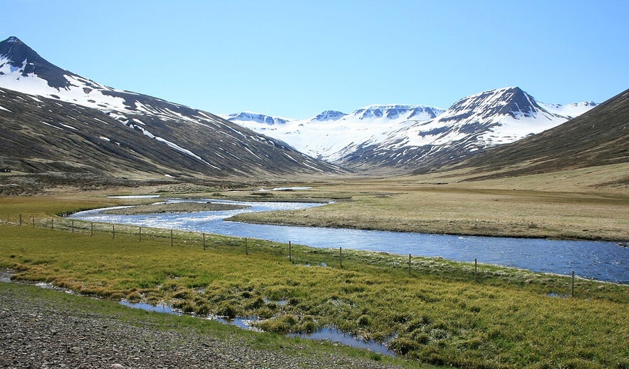 A wide river winds through a grassy valley surrounded by snow-capped mountains under a clear blue sky in Héðinsfjörður, Iceland.
