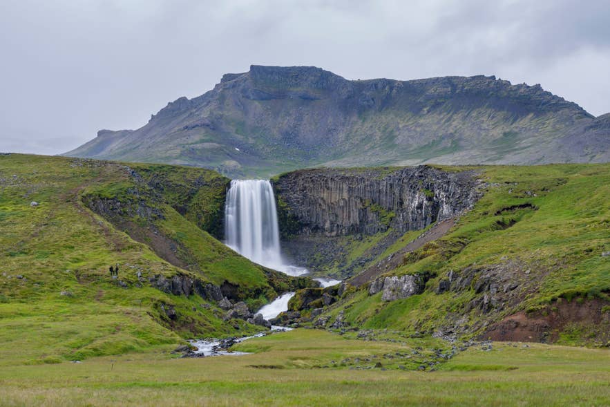 Der Wasserfall Svödufoss, der unter beeindruckenden Bergen auf der Halbinsel Snaefellsnes in Island hinabstürzt.