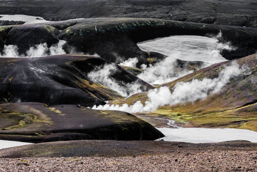 Geothermal steams near the Hrafntinnusker phase of Laugavegur Hiking Trail in Iceland.
