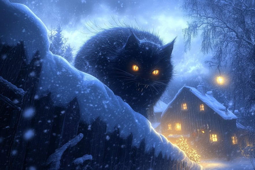 Illustration of the Yule Cat (Jólakötturinn), a giant black feline with glowing orange eyes and sharp fangs, perched on a snowy fence overlooking a wintery Icelandic cottage during a snowstorm.