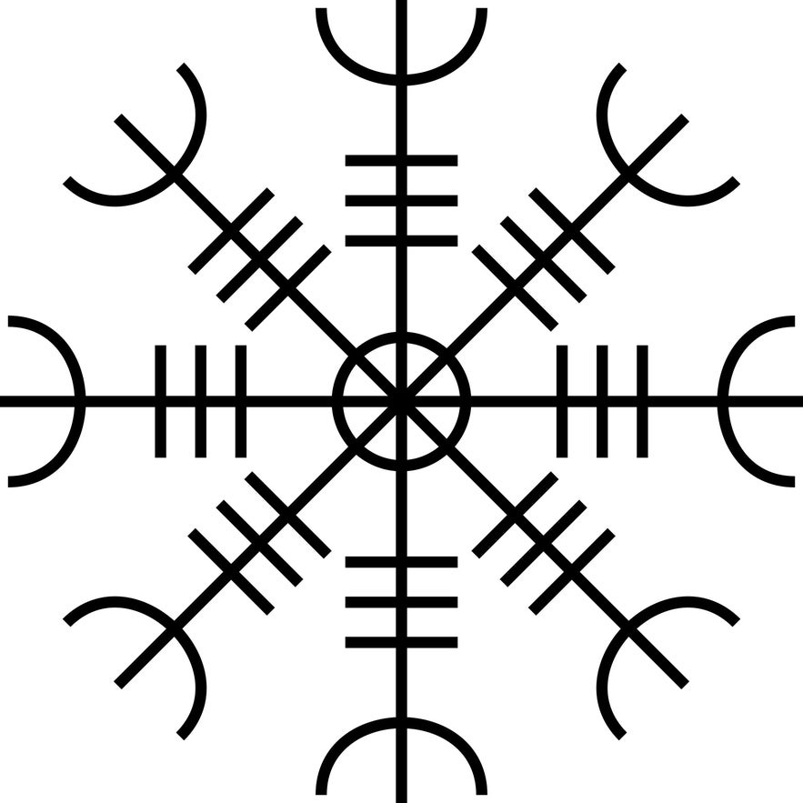Black ink illustration of the Icelandic magical stave Aegishjalmur or Helm of Awe, composed of eight arms radiating from a central circle, each arm featuring stacked runic lines and curved ends, symbolizing protection and invincibility.
