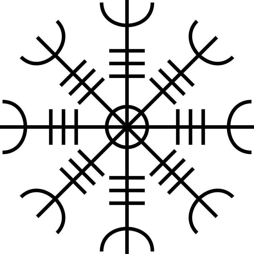 The Aegishjalmur, or Helm of Awe, an Icelandic protection stave with eight identical spiked tridents radiating symmetrically from a central circle.