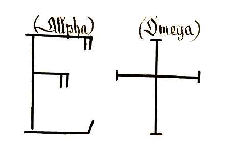 Black ink illustration of the Icelandic magical stave Lukkustafir from the Huld manuscript, featuring two runic symbols labeled “Alpha” and “Omega,” with angular and cross-like shapes believed to bring good fortune.