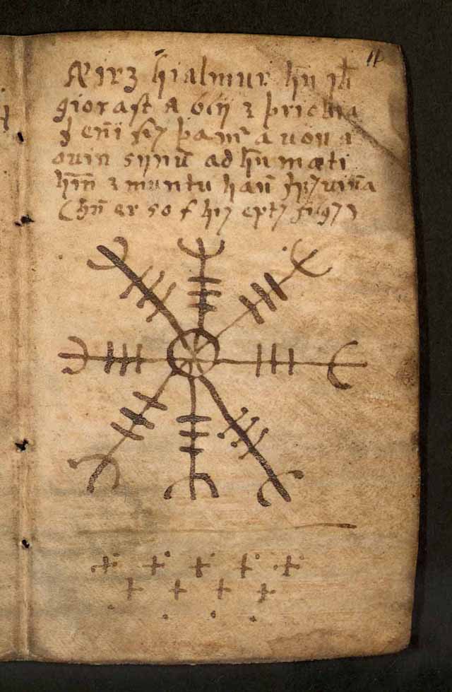 A page from an old Icelandic grimoire featuring handwritten text in Icelandic script at the top and a large magical stave known as Aegishjalmur (Helm of Awe) drawn in dark ink in the center.