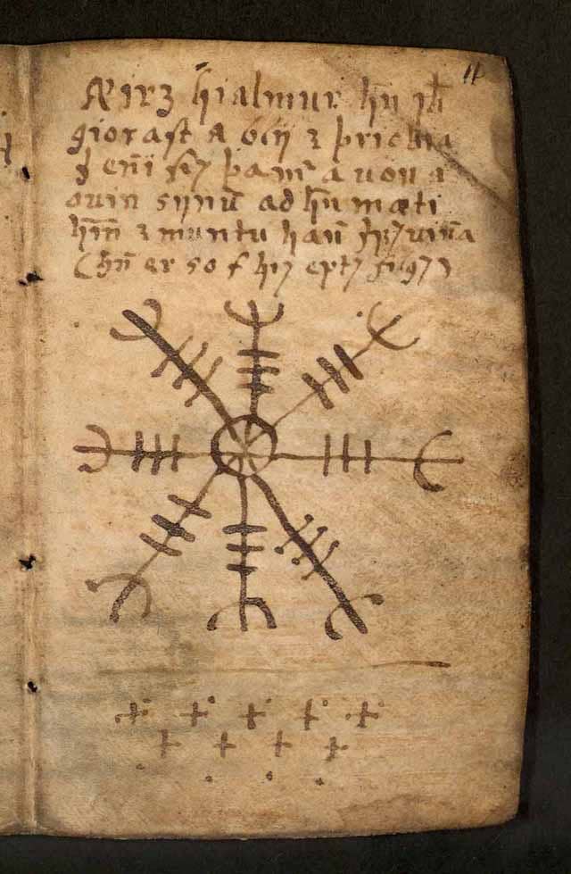 A 17th-century Icelandic grimoire page showing the Vegvisir magical stave used in galdur practice.