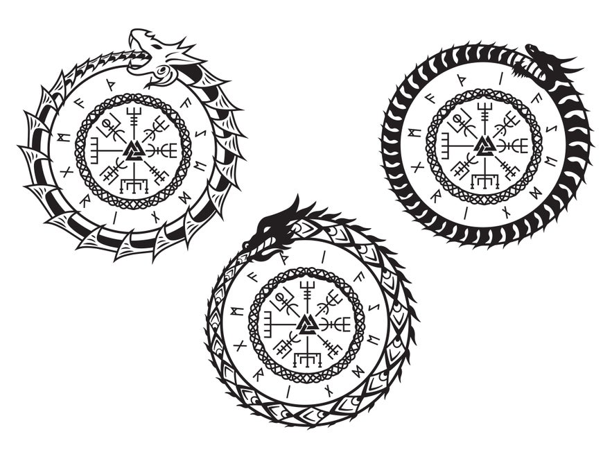 Set of three Icelandic magical stave tattoo designs featuring Vegvisir symbols encircled by runic alphabets and stylized ouroboros dragons, each with unique detailing, rendered in bold black and white for potential body art inspiration.