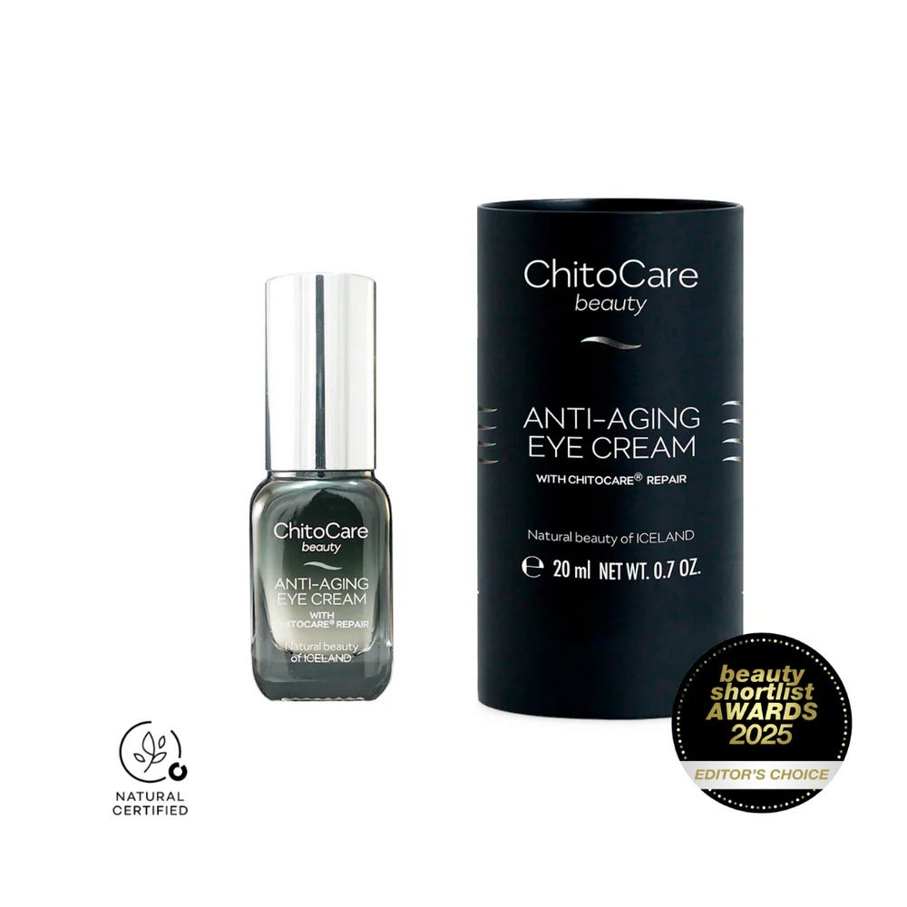 ChitoCare Beauty Anti-Aging Eye Cream bottle and box proudly display 'Natural Certified' and 'Editor's Choice' awards.
