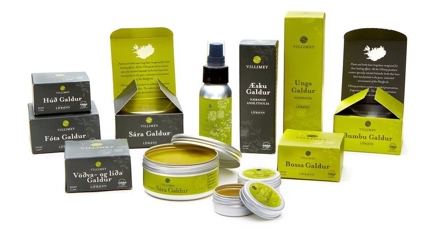 A collection of Villimey organic skincare products in green and grey packaging, including creams, salves, and sprays. A collection of Villimey organic skincare products in green and grey packaging, including creams, salves, and sprays.