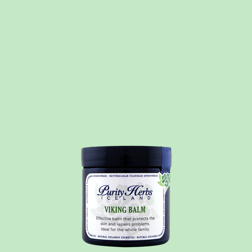 Purity Herbs Iceland Viking Balm, available in a dark jar, is an effective balm for skin protection and repair.