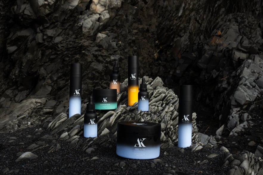 A collection of AK Pure Skin Icelandic skincare products displayed on dark volcanic rocks. A collection of AK Pure Skin Icelandic skincare products displayed on dark volcanic rocks.