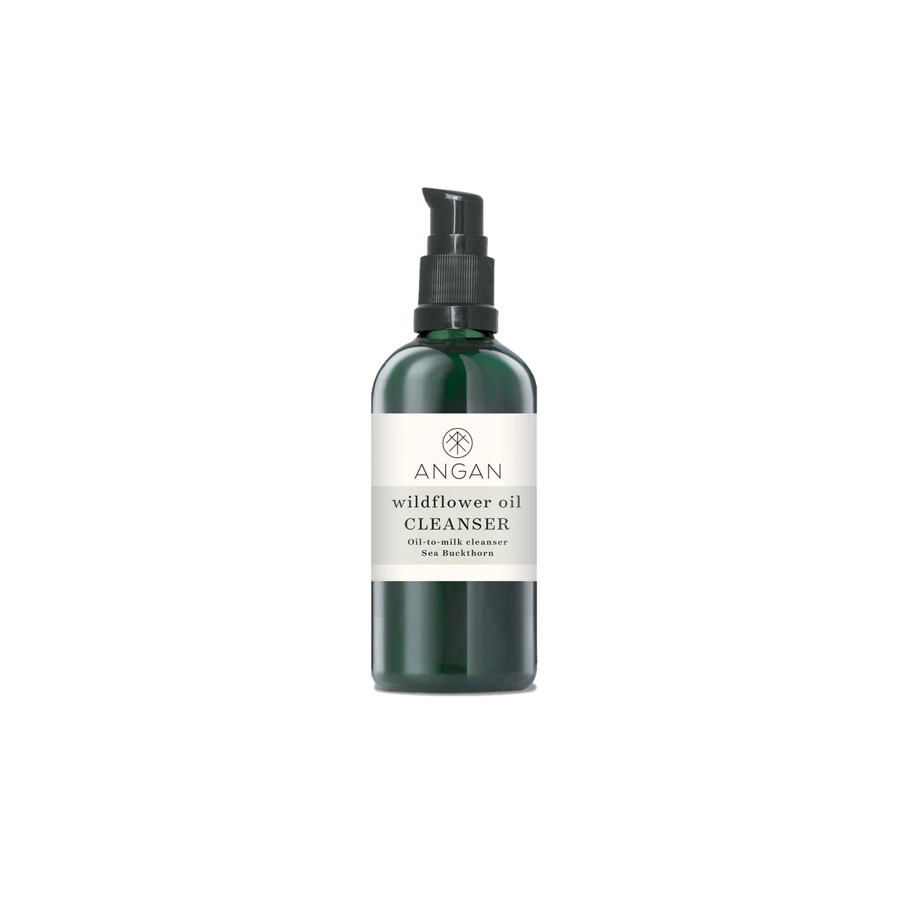 The Angan Wildflower Oil Cleanser comes in a sleek dark green pump bottle with a white label, reflecting its clean, natural formulation.