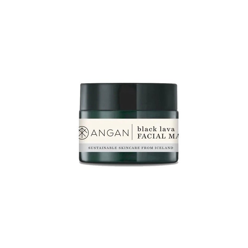 The Angan Black Lava Facial Mask is contained in a dark jar with a white label, emphasizing 'Sustainable Skincare from Iceland.'