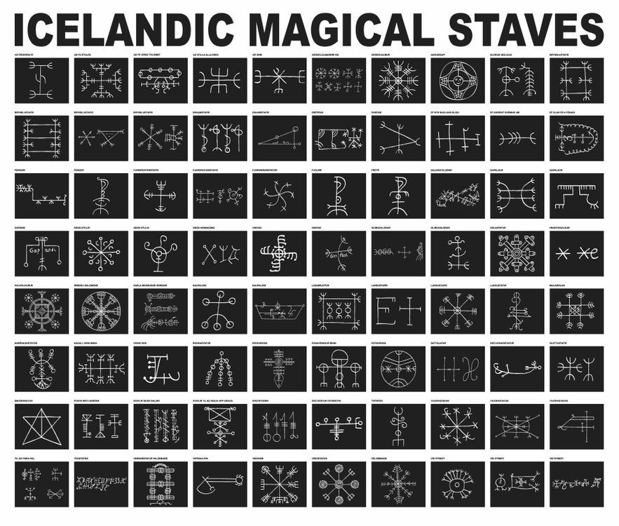 A comprehensive chart displaying various Icelandic magical staves in white on a black background, with each stave labeled individually under the title &ldquo;Icelandic Magical Staves&rdquo; in bold capital letters at the top.