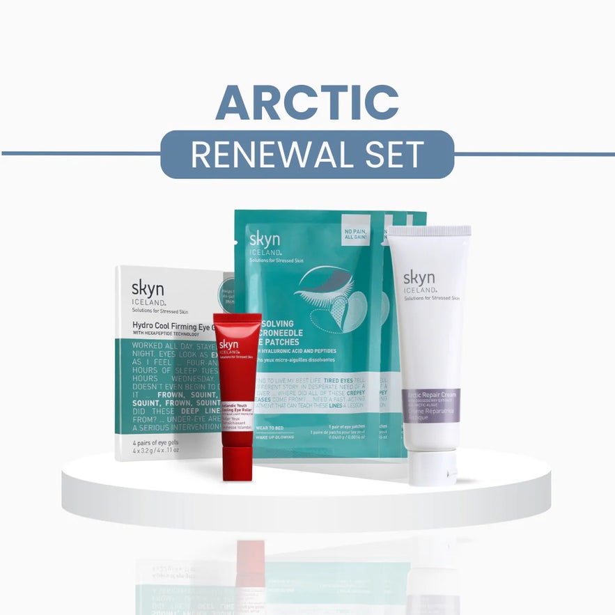 The Skyn Iceland Arctic Renewal Set features eye patches, cream, and other targeted solutions designed to relieve stressed skin. The Skyn Iceland Arctic Renewal Set features eye patches, cream, and other targeted solutions designed to relieve stressed skin.