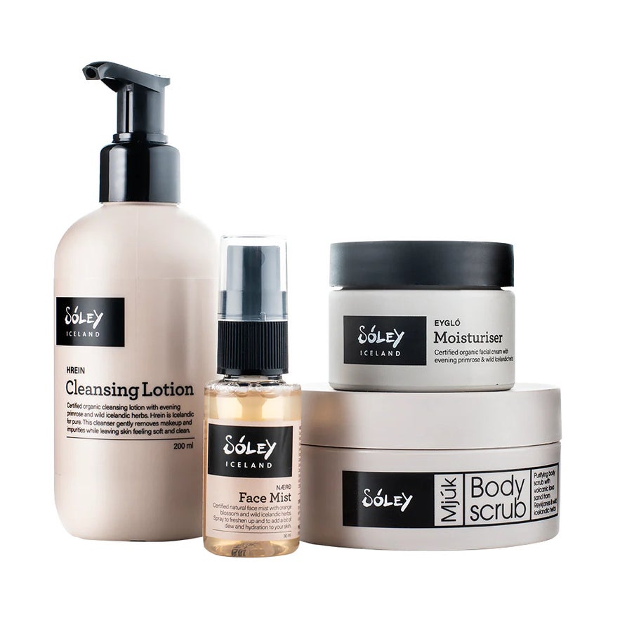A collection of Sóley Organics Iceland skincare, including cleansing lotion, face mist, moisturizer, and body scrub. A collection of Sóley Organics Iceland skincare, including cleansing lotion, face mist, moisturizer, and body scrub.