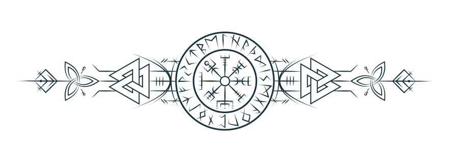 Symmetrical tattoo-style design featuring the Vegvisir stave at the center, encircled by runes. The design is minimalist and rendered in thin black lines on a white background, combining Icelandic magical staves with Viking-inspired iconography.