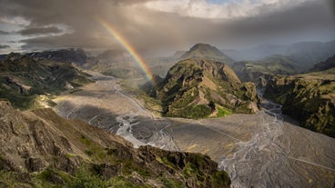 A rainbow adorns the striking landscape in the Thorsmork valley, making it even more picture-perfect.