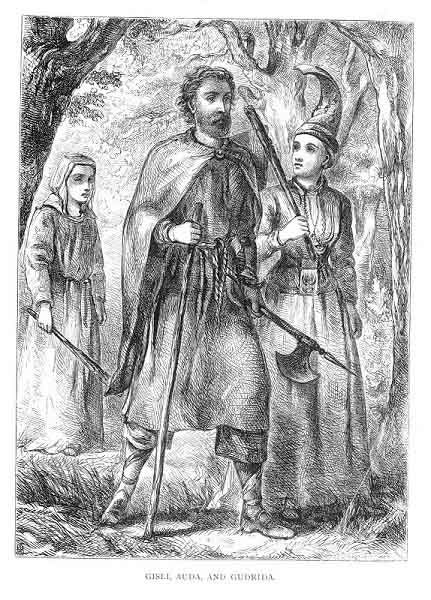 Black-and-white illustration of Gisli, Aud, and Gudrid from Gisli's Saga. Gisli stands in the center holding a spear and axe, flanked by two women in traditional Norse dress, set in a forested scene.