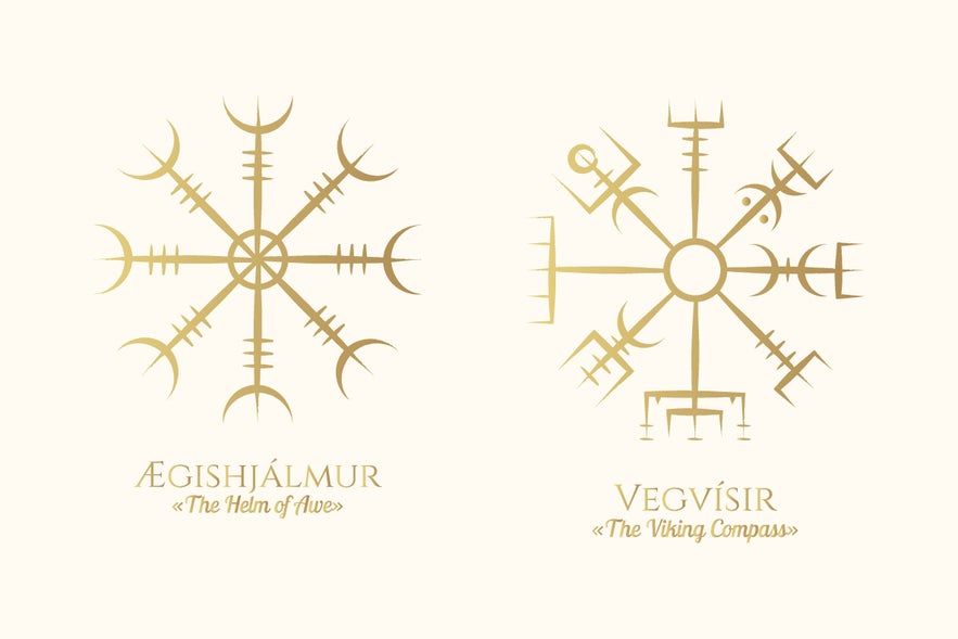 Gold illustrations of Aegishjalmur (Helm of Awe) and Vegvisir (Viking Compass) side by side on a light background.