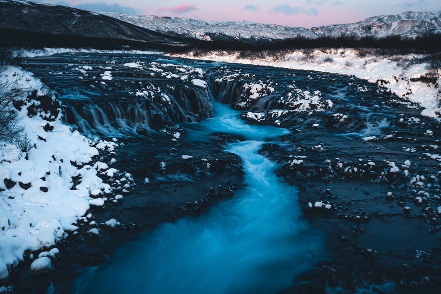 Beautiful Bruarfoss waterfall during the winter in South Iceland.