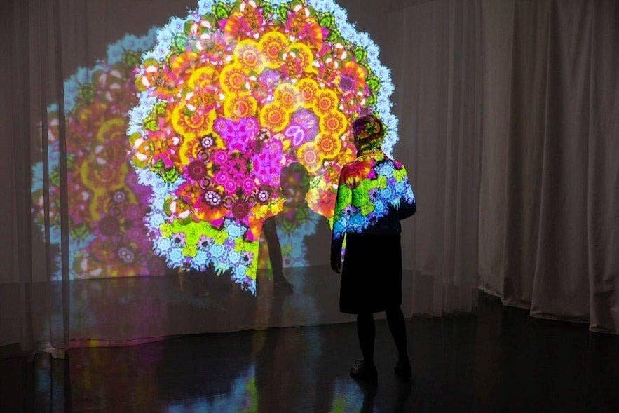 レイキャビクのハウス・オブ・コレクションズで、カレイドスコープのような花や幾何学模様のデジタル投影の前に立つ人物。