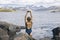 A traveler's enjoys views of Hvalfjordur from the Hvammsvik Hot Springs.