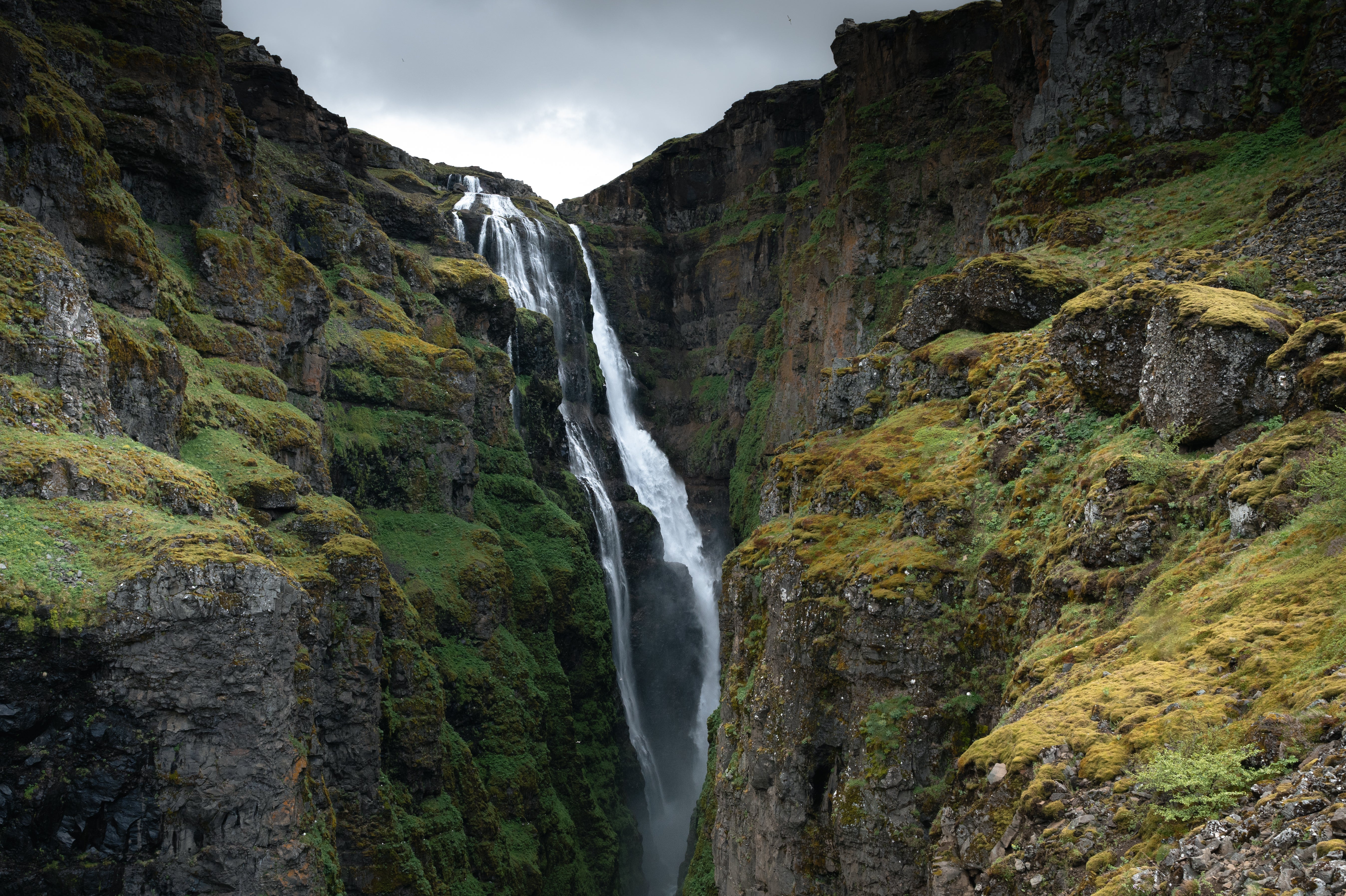 Glymur Waterfall plunges into a mossy canyon surrounded by rugged cliffs.