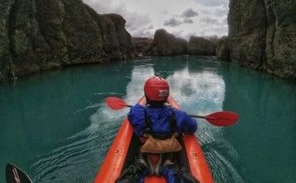 A kayak makes its way through the Bruarhlod canyon in Iceland.